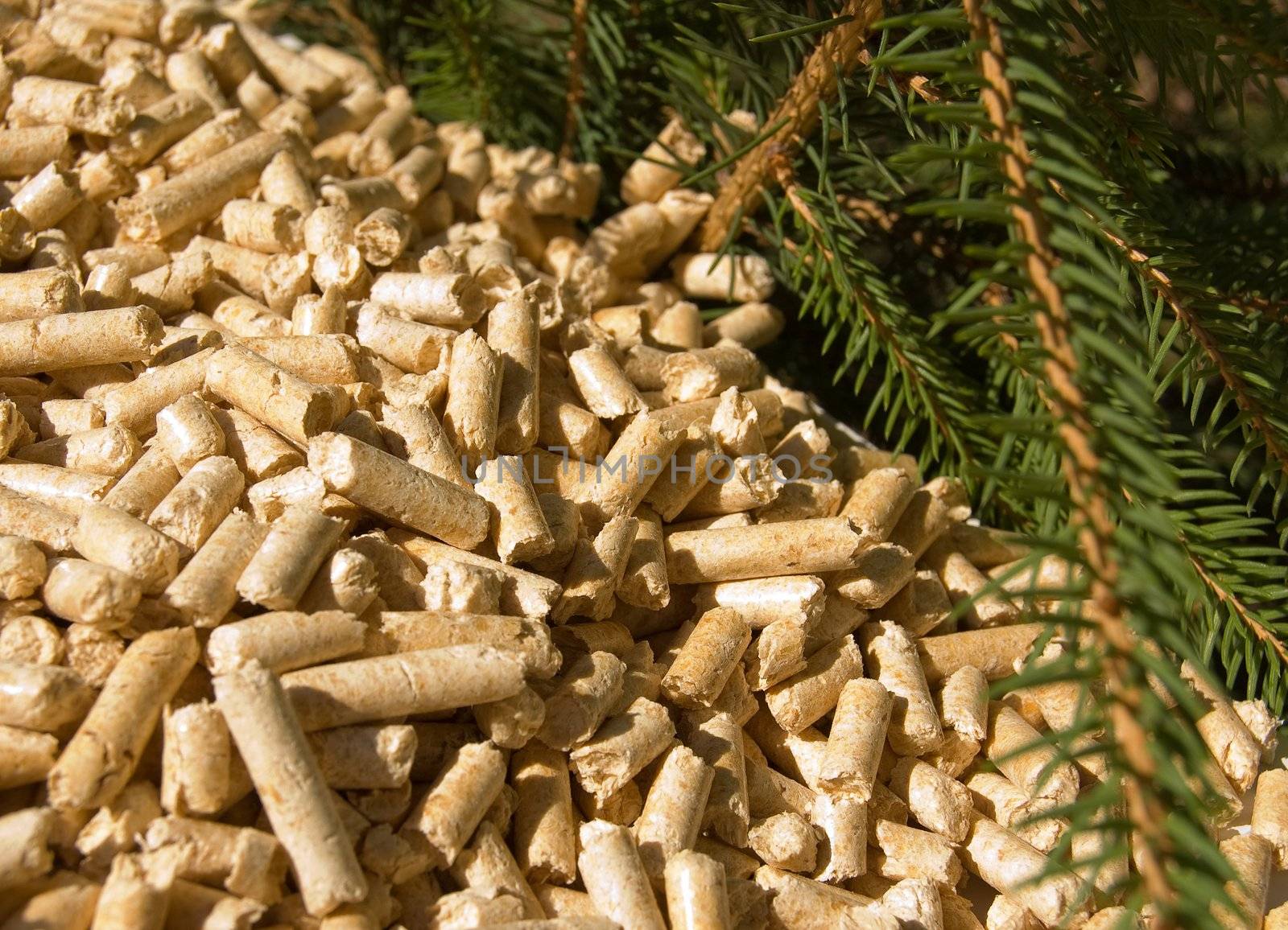 wood pellets green energy and branches of red deal