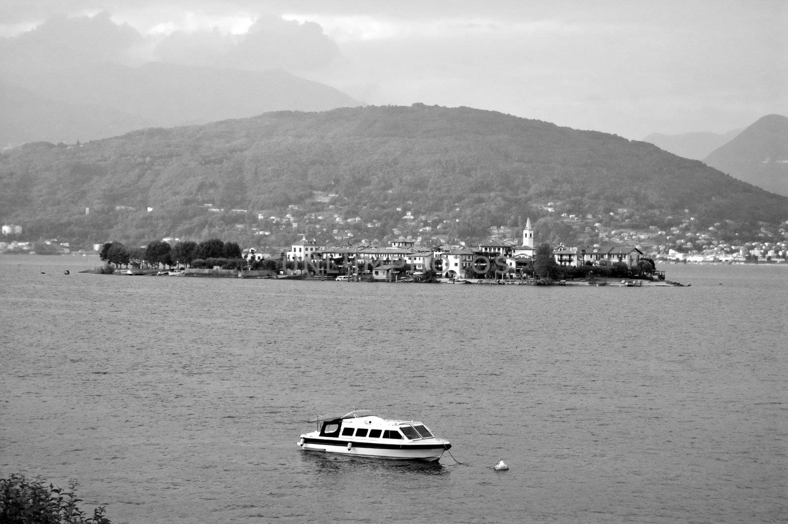 An old style black and white picture of the Isola dei Pescatori, Lago Maggiore, Italy