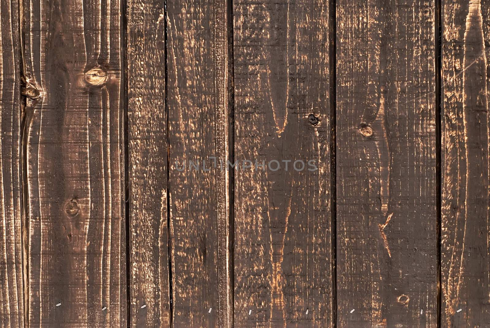 It is an old and brown wood wall.