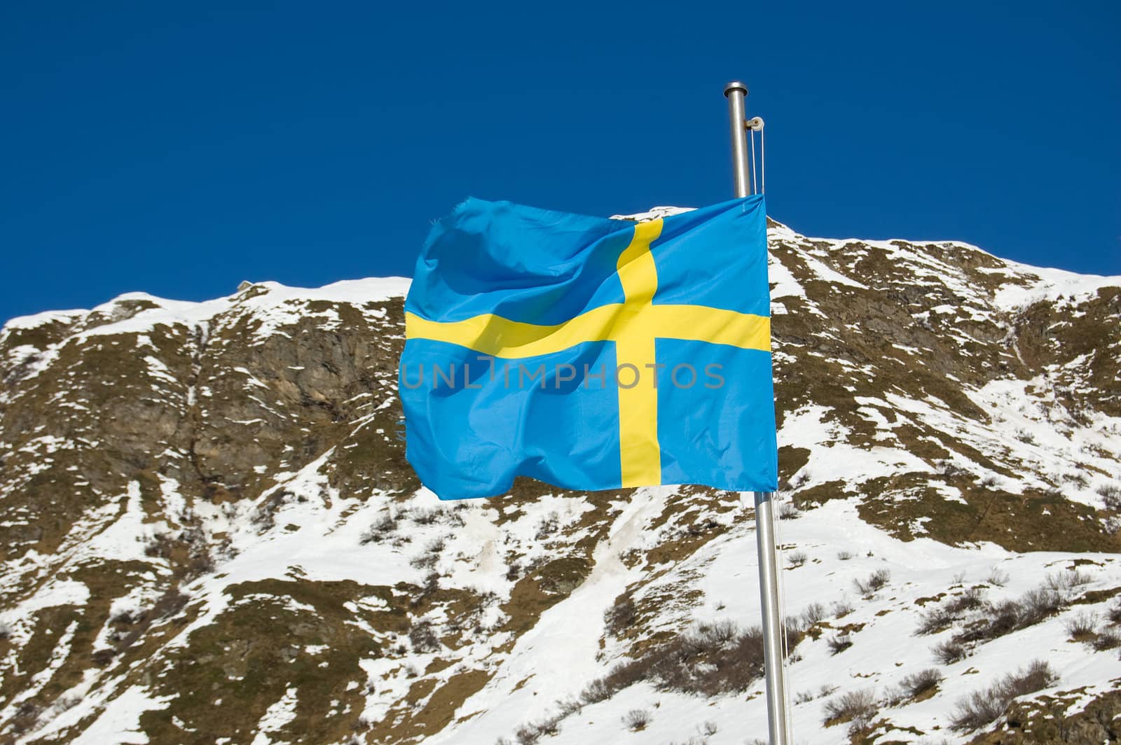 A Swedish Flag is waving in the mountain wind