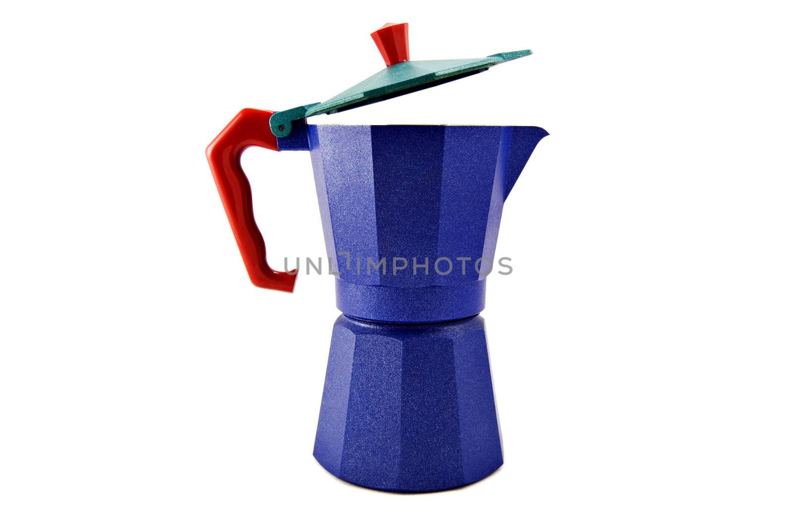 Blue coffeepot with red handle, isolated on white background