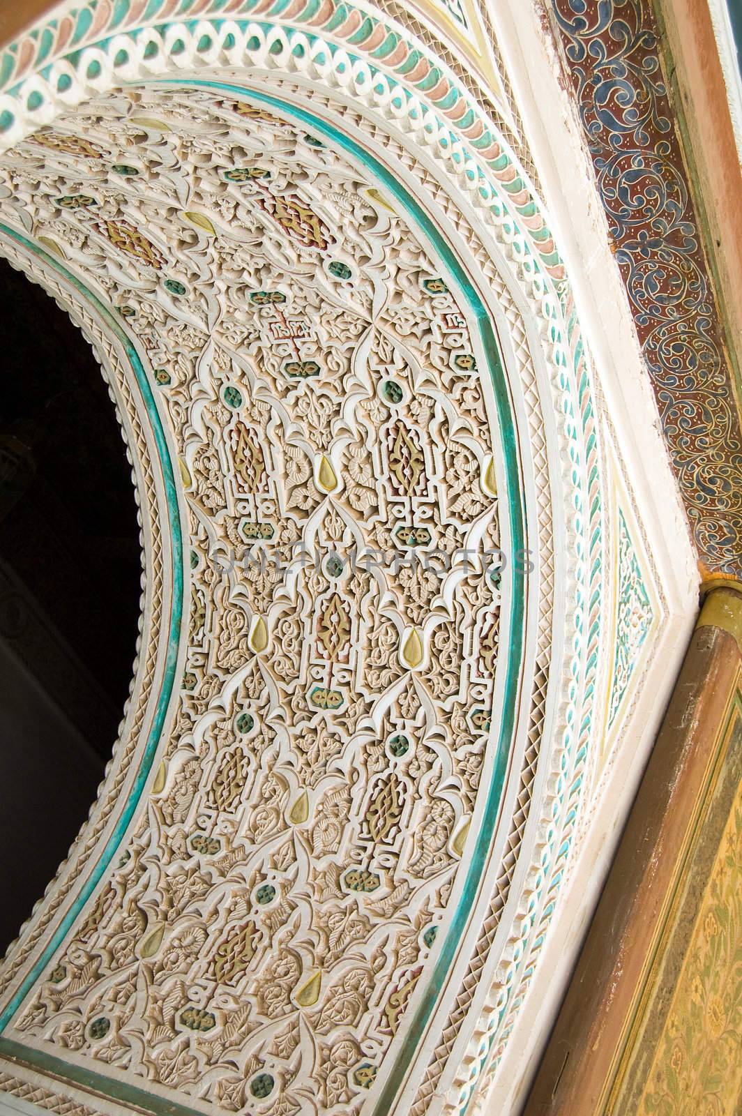 Coloured Stucco of a door vault, Bahia Palace in Marrakesh