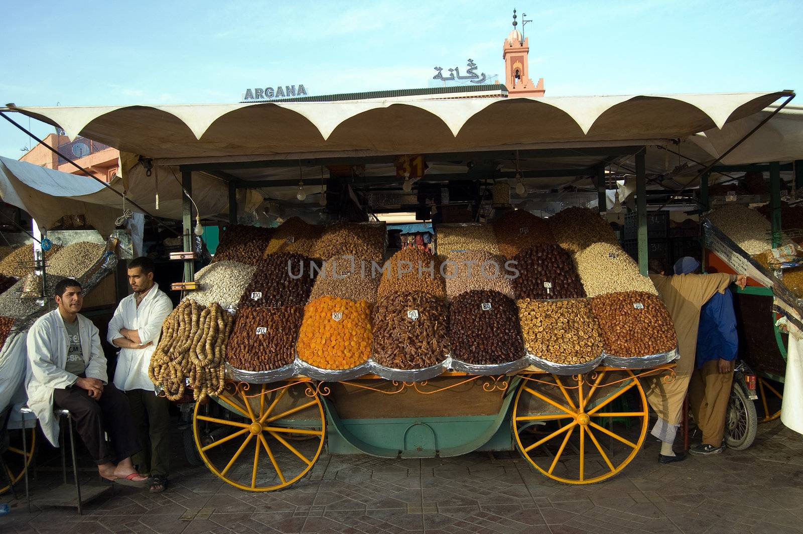A stand of dried fruit in Djemaa el Fna square, Marrakesh