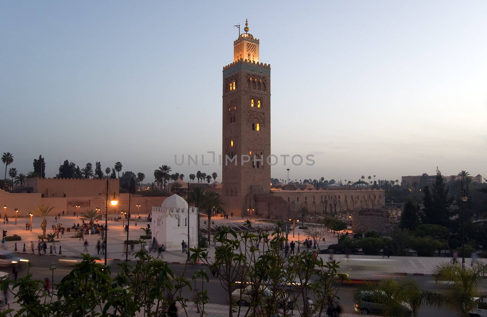 The marvellous Koutoubia Minaret and the Mosque in the Marrakesh center, Moroc