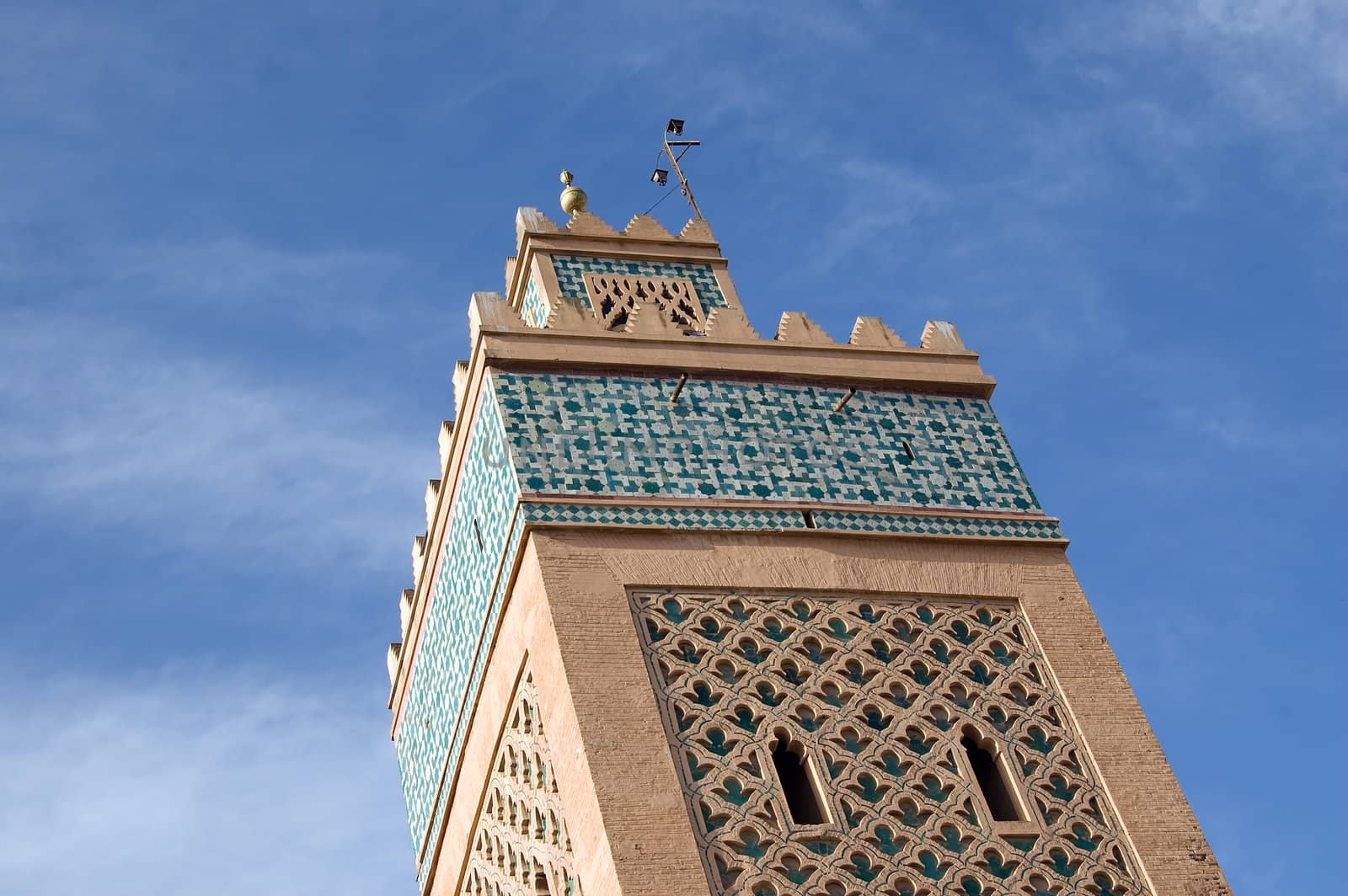 A Minaret detail of am mosque in the Marrakesh center, Morocco