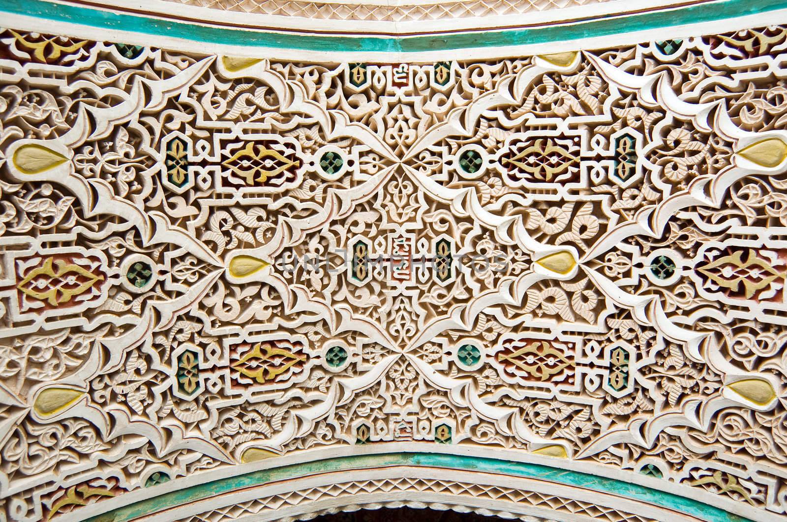 Stucco details of Bahia Palace in Marrakesh, Morocco