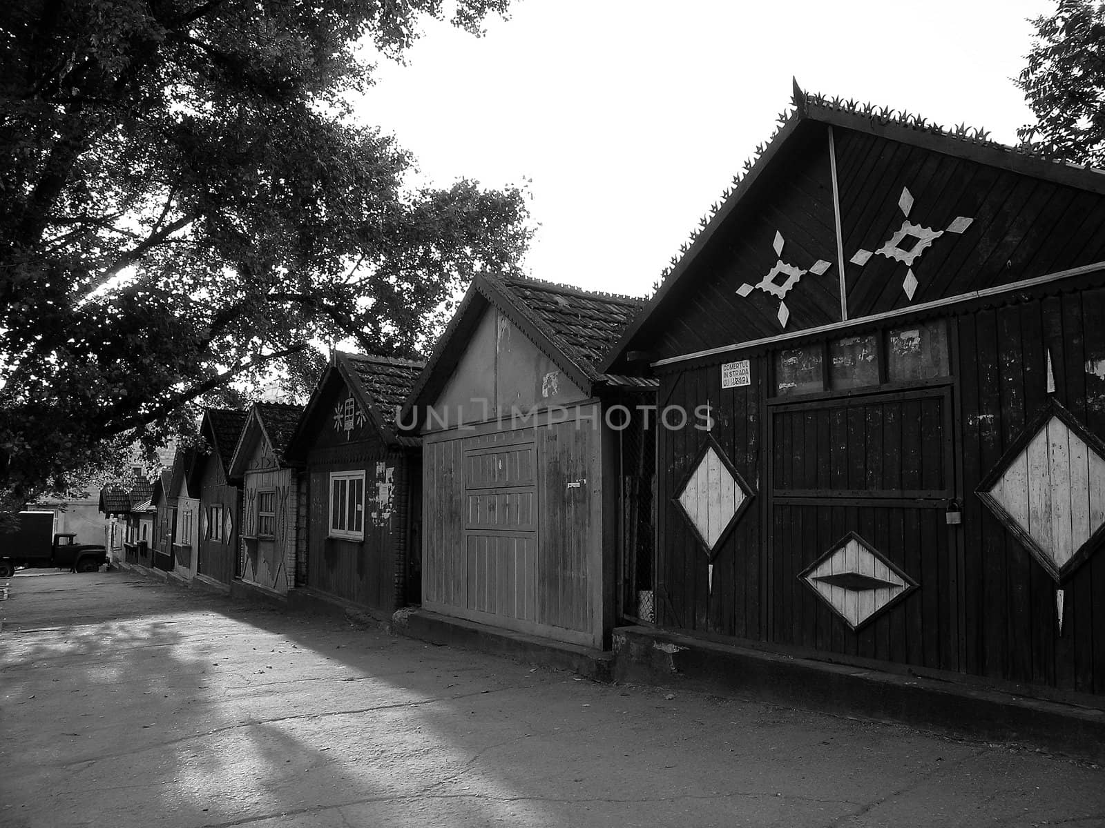 old wooden huts