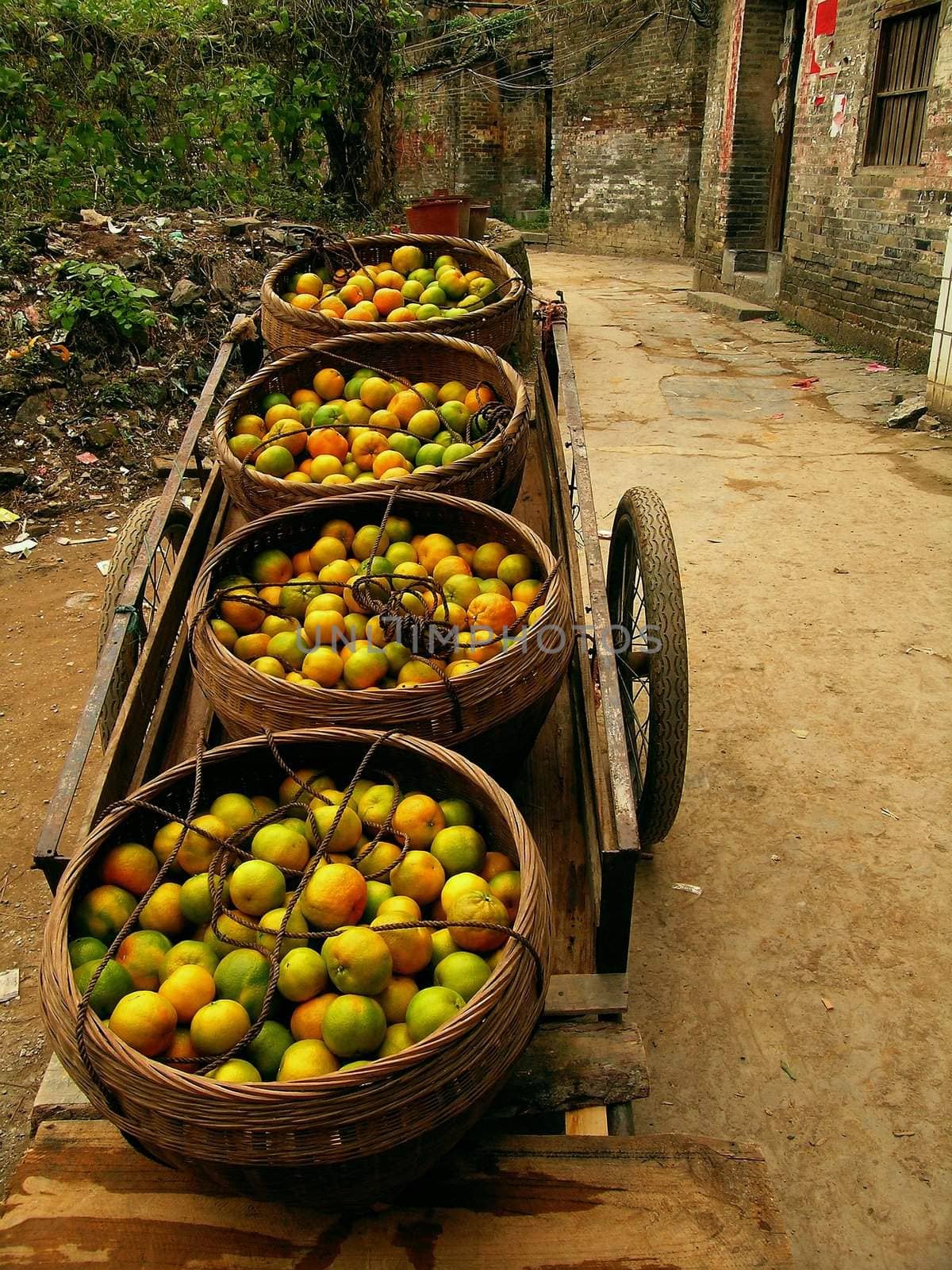 cart with baskets and oranges