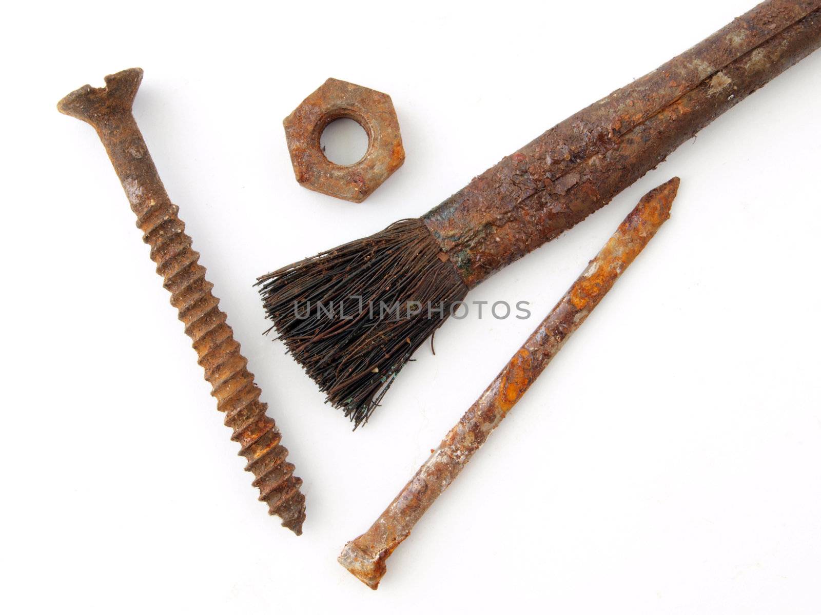 Old rusty brush, screw, nail and nut