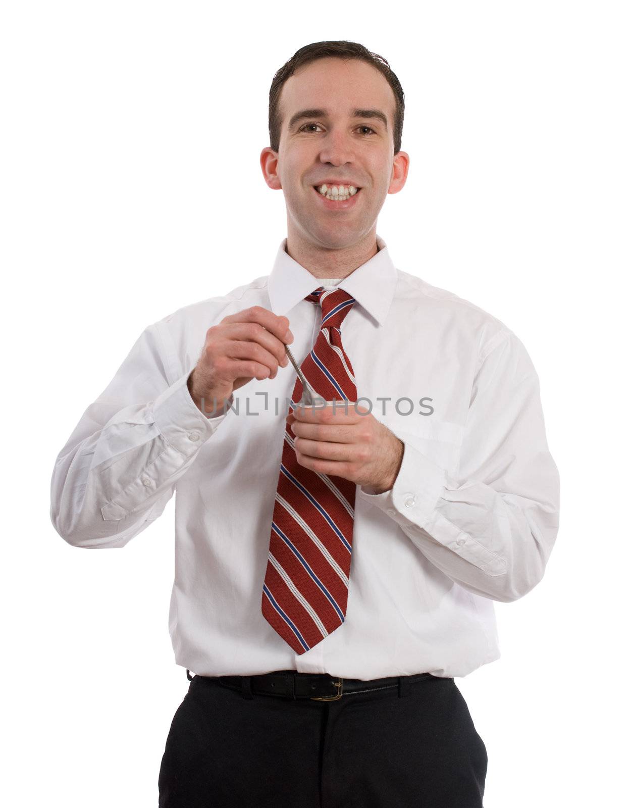 A smiling businessman eating healthy and enjoying his yogurt, isolated against a white background