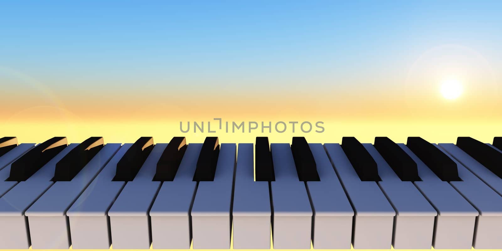 piano keyboard and sunny sky - 3d illustration