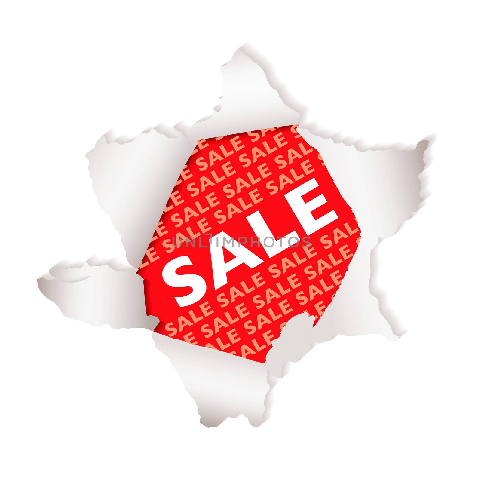 Red background sale tag with exploding hole and drop shadow