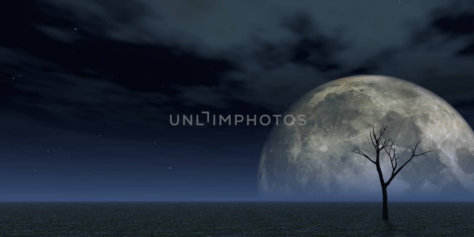 lonely dead tree and the moon - 3d illustration