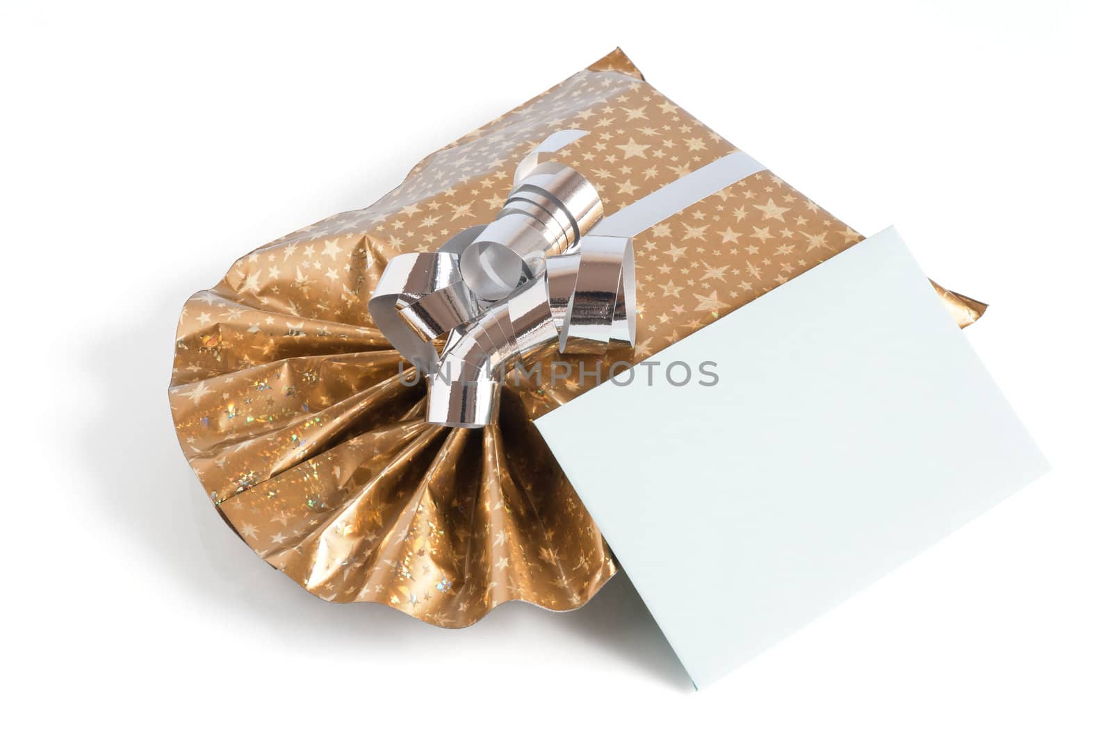 golden gift box with silver ribbon and green letter  isolated on white background with clipping path