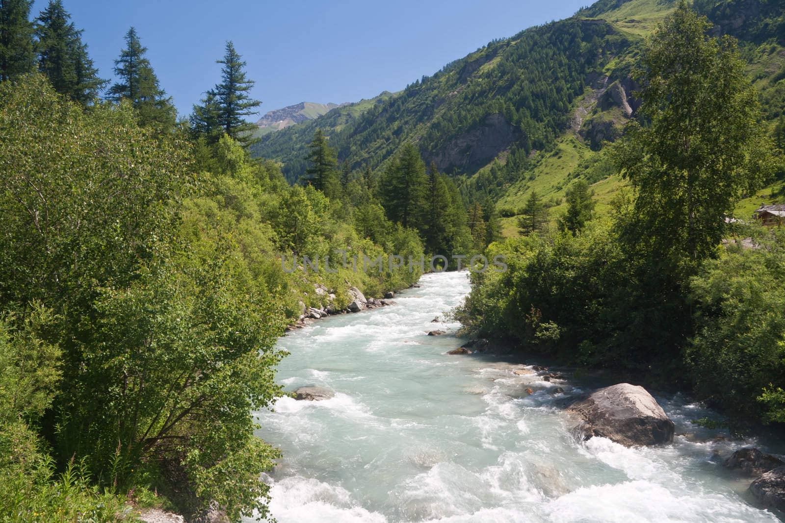 stream in Ferret valley on summer Courmayeur, Italy