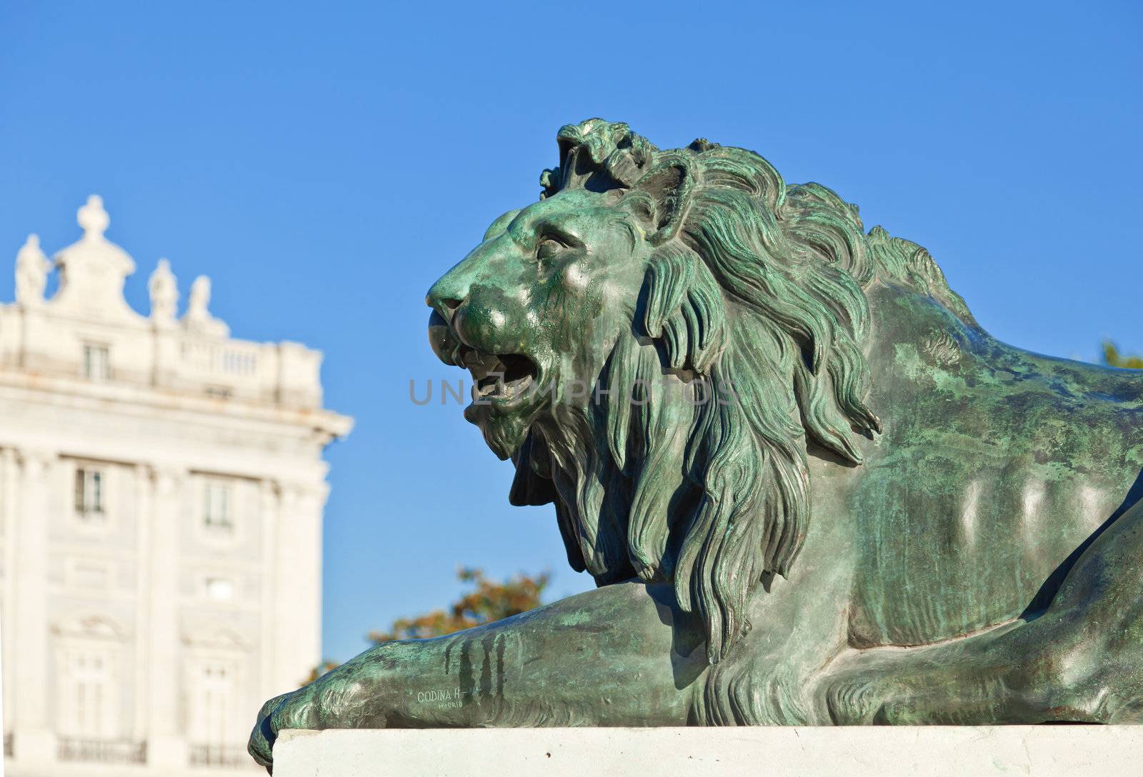 Madrid Plaza de Oriente, statue of lion. Madrid, Spain 