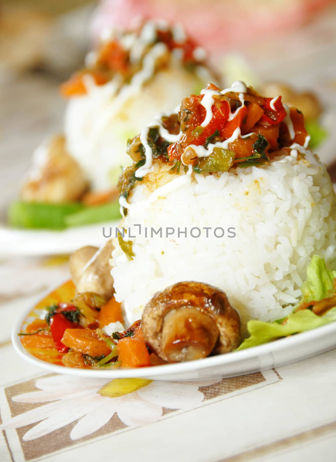 rice and vegetables served on plate for dinner