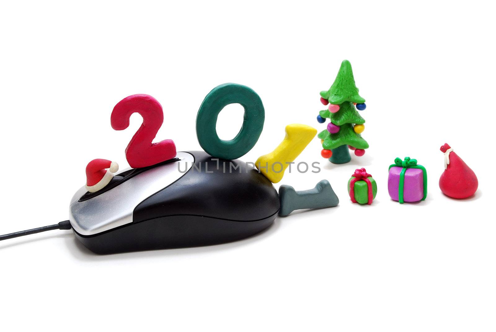 3D New Year Text 2011 with Christmas Tree and Gifts Made of Colored Plasticine and Computer Mouse Isolated on White Background