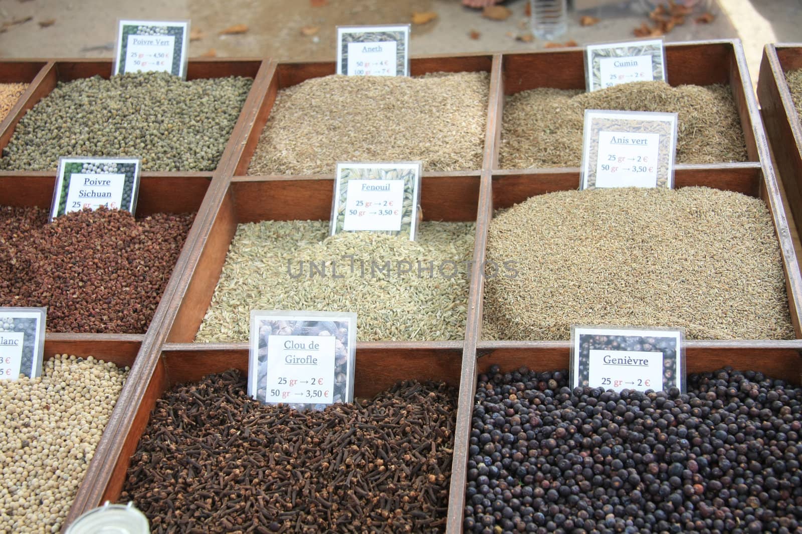 Various herbs and spices on a market in Bedoin, France