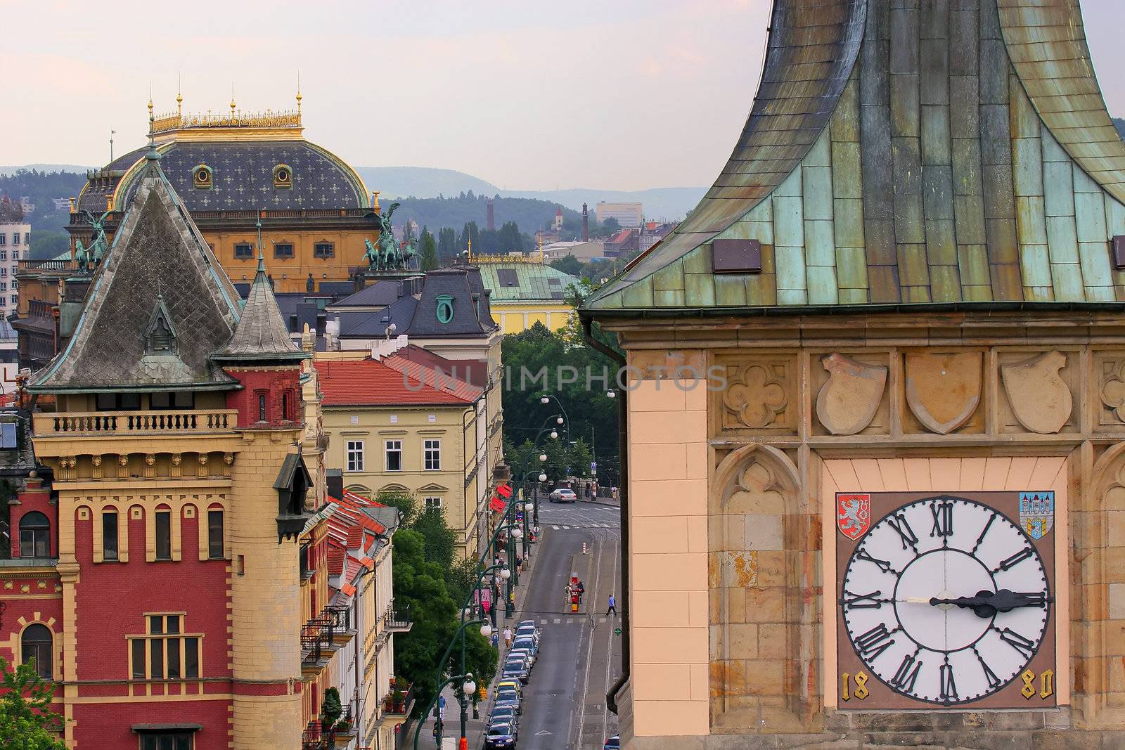 Prague Rooftops and Clock Tower, looking from Charles Bridge Tower, Czech Republic