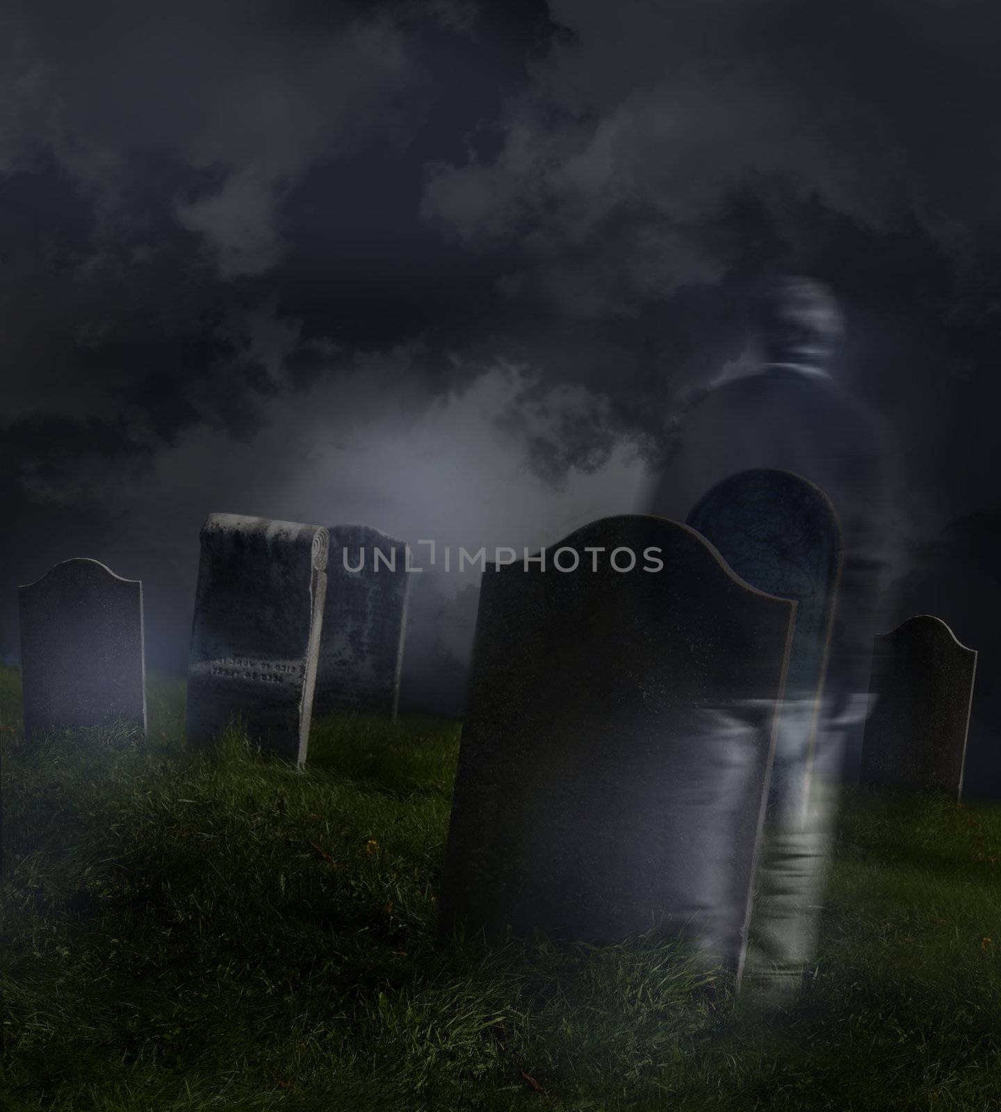 Ghostly man wandering in an old cemetery  by Sandralise