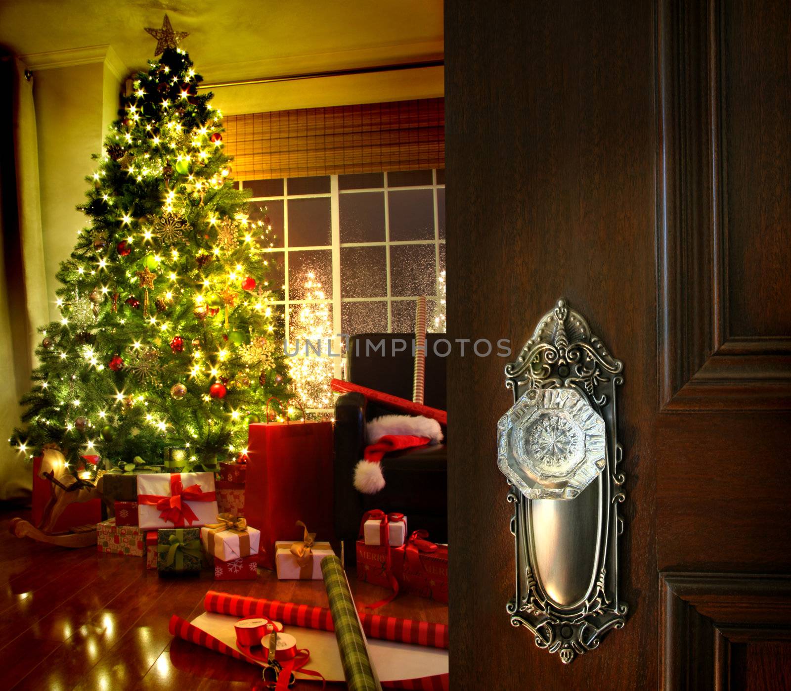 Door opening into a Christmas living room by Sandralise