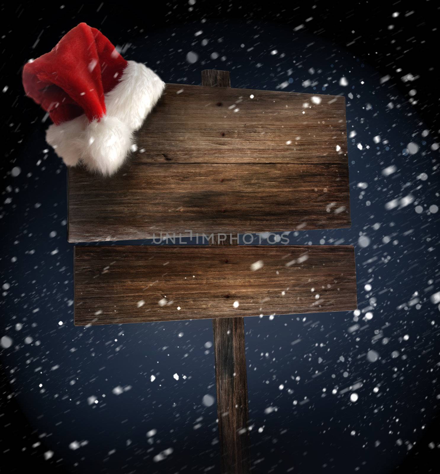 Wooden sign with santa hat on snowy background by Sandralise