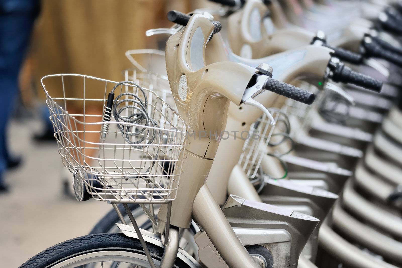 Group of bicycles in the row. Photo with tilt-shift lens