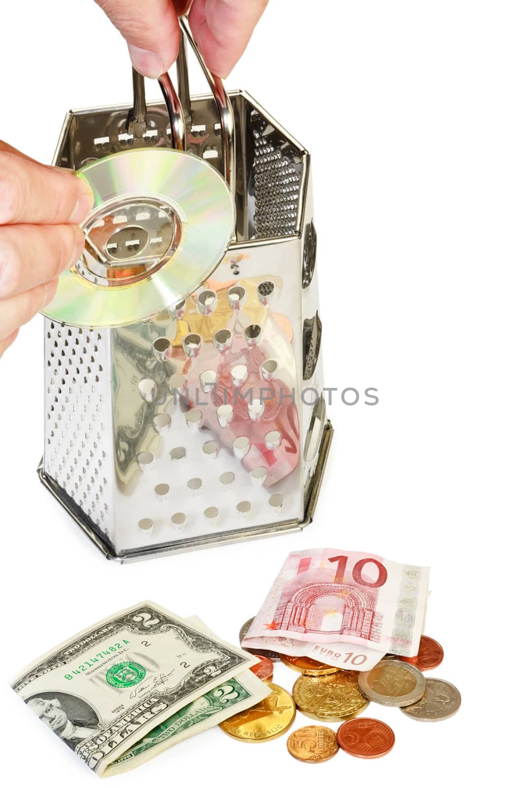 Profit from media content concept image with grater, compact disk and money