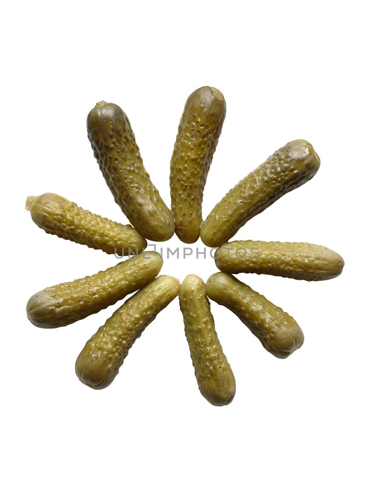 Nine gherkins isolated on white background with clipping path