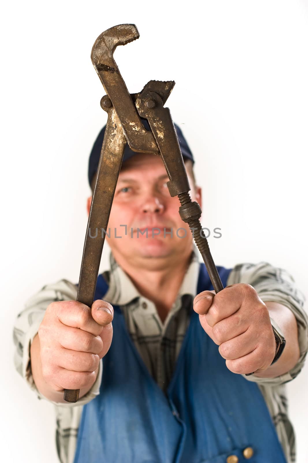 portrait of workman with alligator wrench