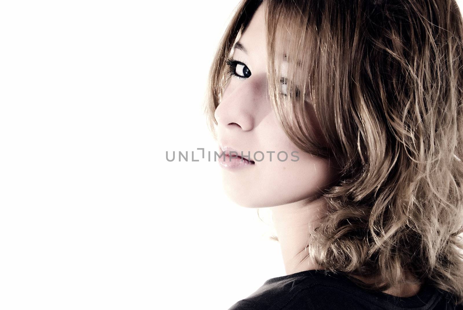 close-up of  a young beautiful girl over white background