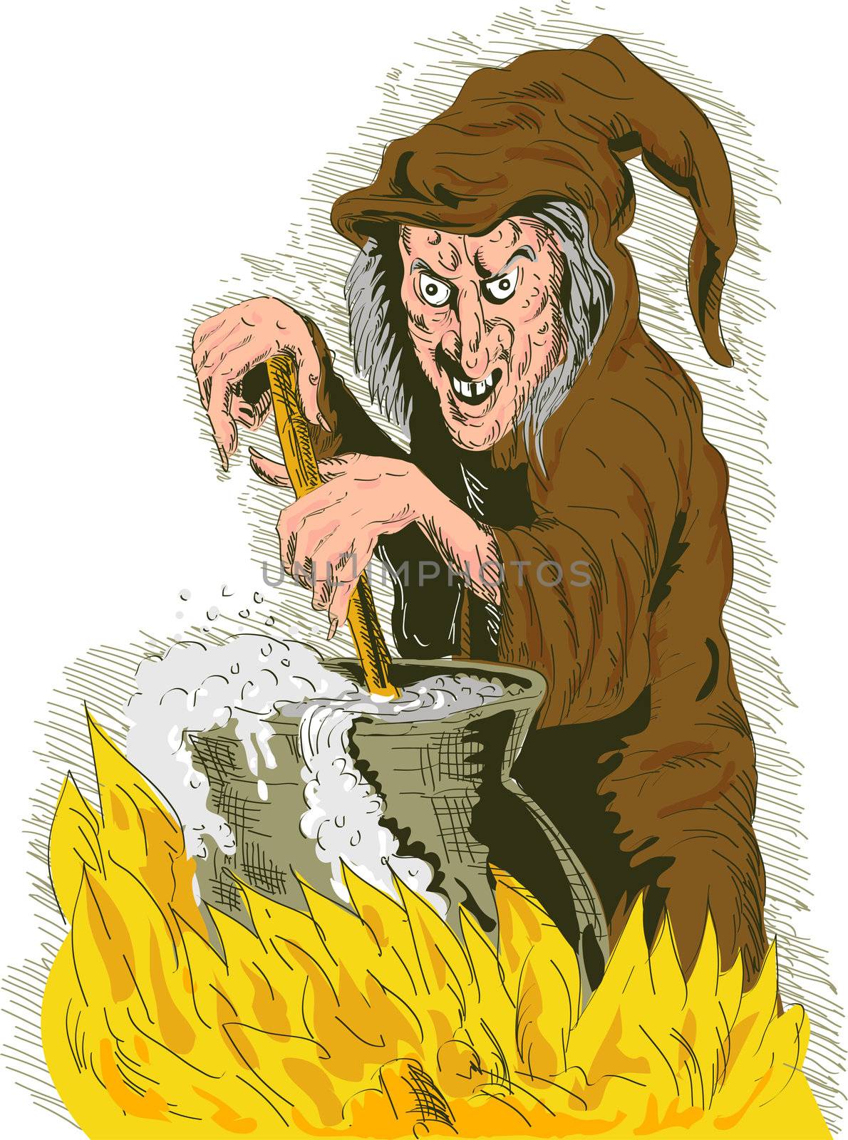 hand drawn illustration of a Witch stirring cooking brew pot