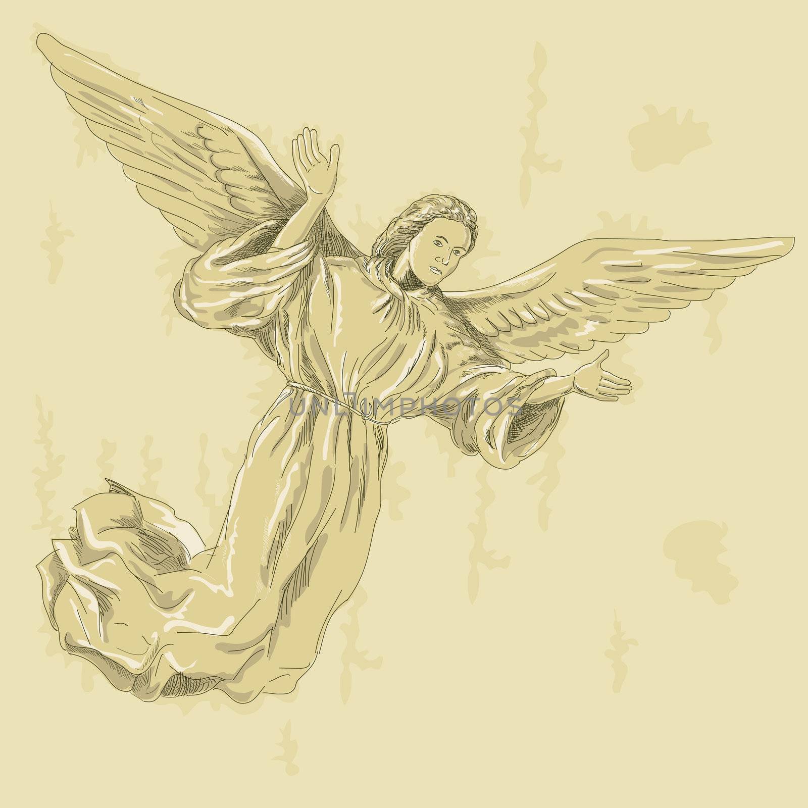 hand drawn sketched illustration of an Angel with arms spread wearing a surplice