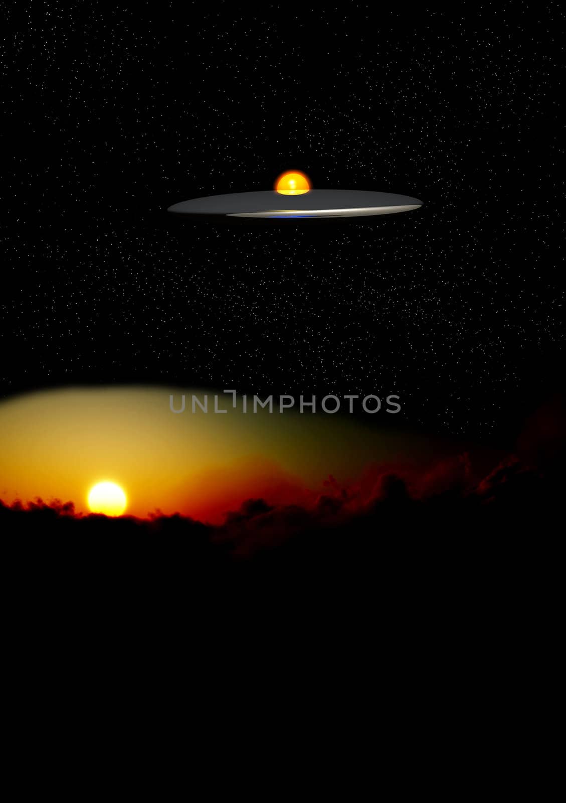 A UFO that is flying high over a sunset. 