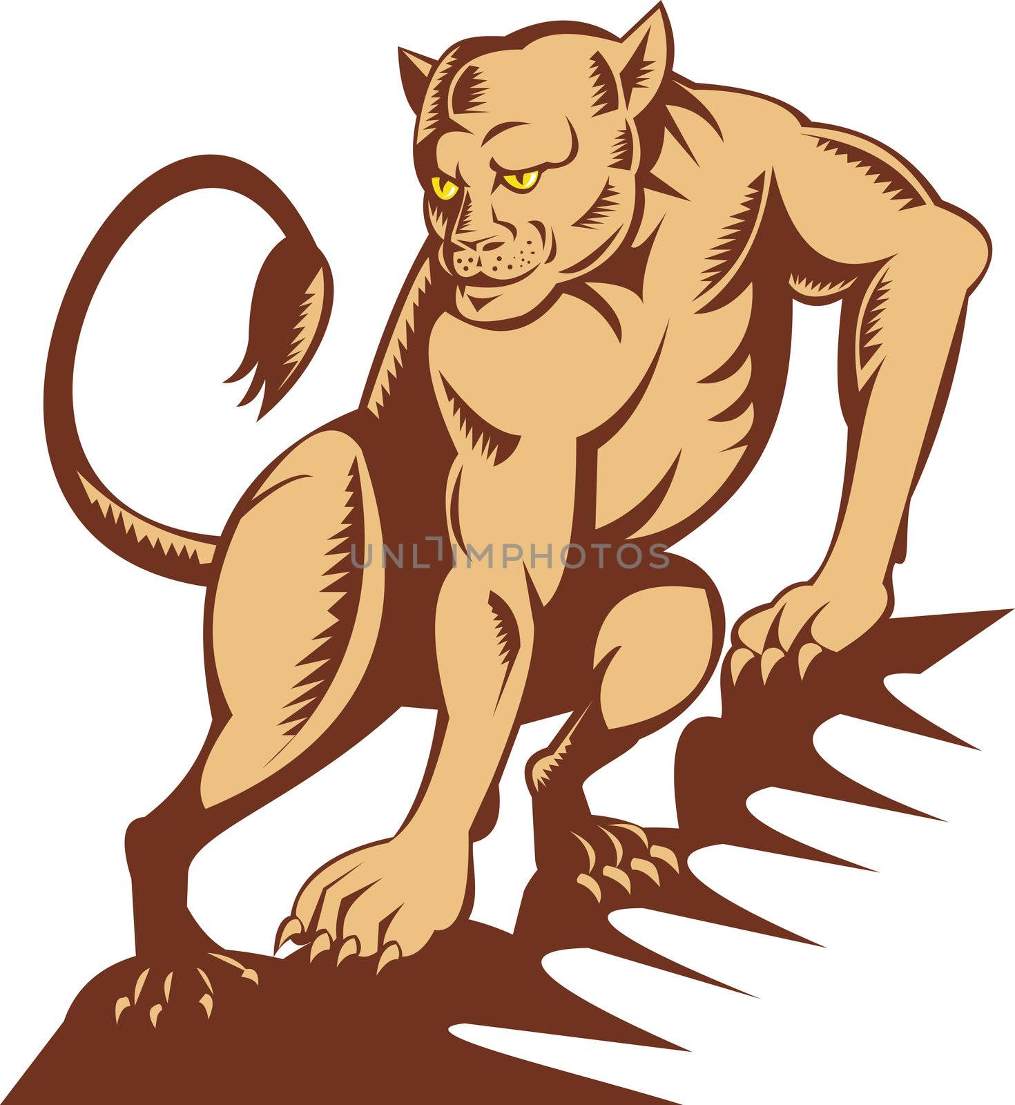 illustration of a lioness on the prowl done in woodcut style