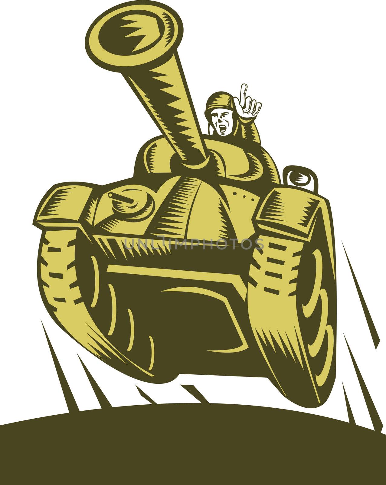 illustration of a Battle tank flying with soldier pointing forward