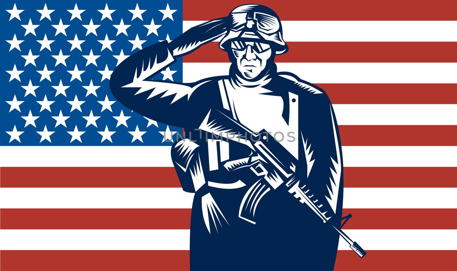 illustration of a US military serviceman saluting  flag in the back