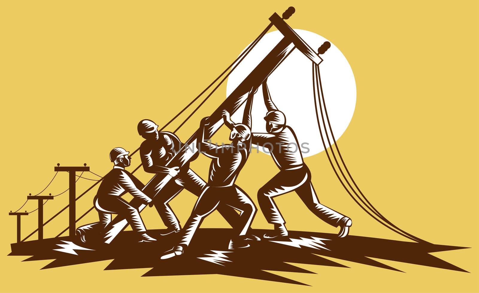 illustration of a Team of linemen raising up electricity post done in reteo woodcut style.