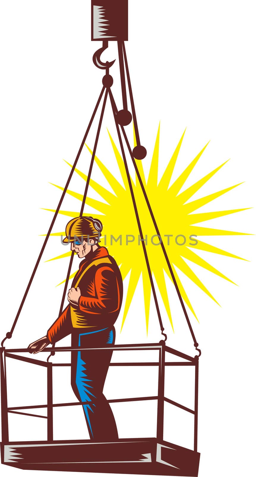 illustration of a Construction worker on platform being hoisted up done in retro woodcut style.