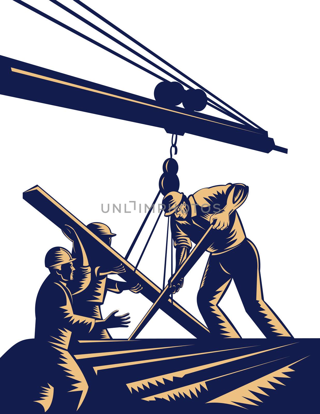 illustration of a group of Construction workers hoisting timber on boom done in woodcut style.