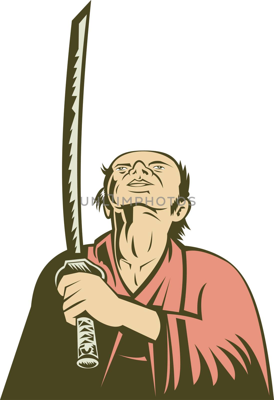 illustration of a japanese samurai warrior looking up holding a sword
