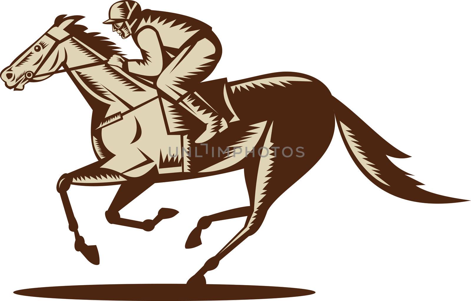 illustration of a horse and jockey racing viewed from the side isolated on white background