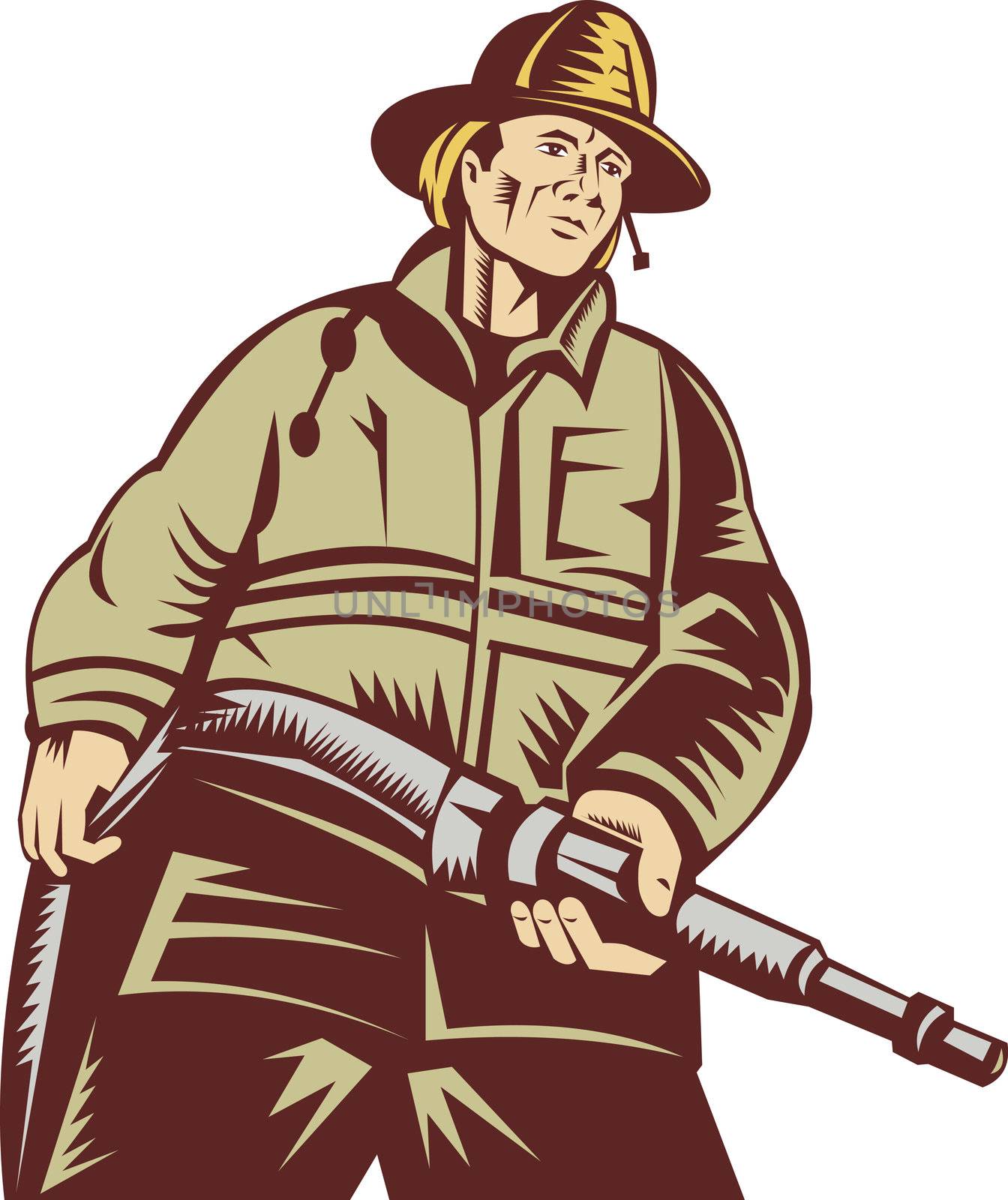 illustration of a Firefighter carrying a hose viewed from a low angle done in woodcut style