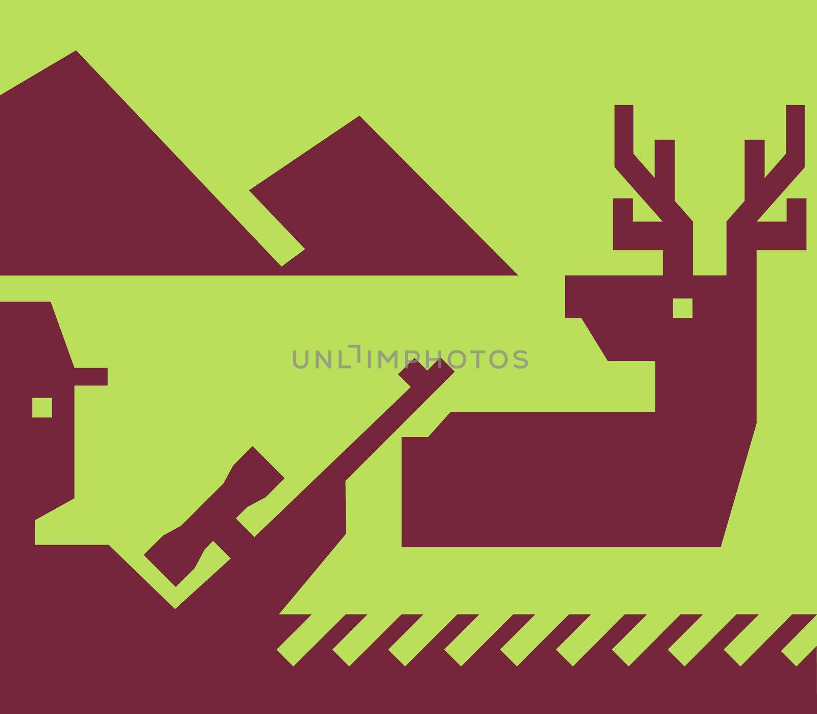 Imagery show a stylized hunter with rifle stalking a wild deer