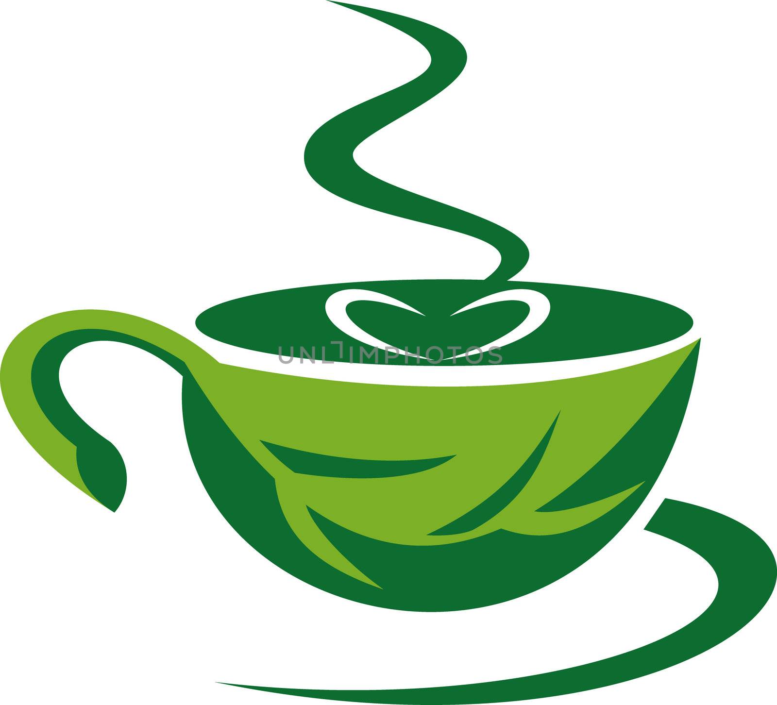Imagery shows a steaming coffee cup made out of a green leaf with heart