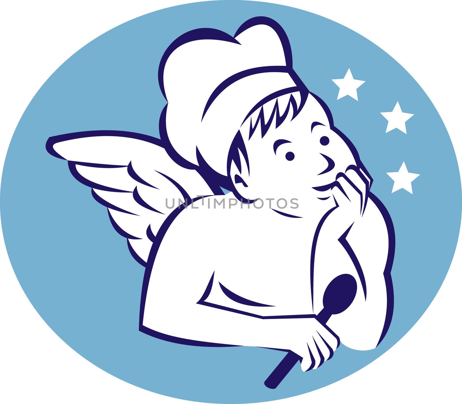 illustration  of a cook,baker or chef child angel holding a spoon and thinking of food