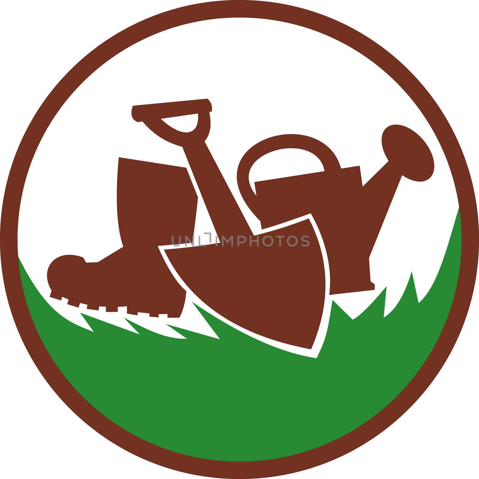 illustration of an icon or symbol for landscape gardener,horticulturist showing a watering can,shovel and gumboots.