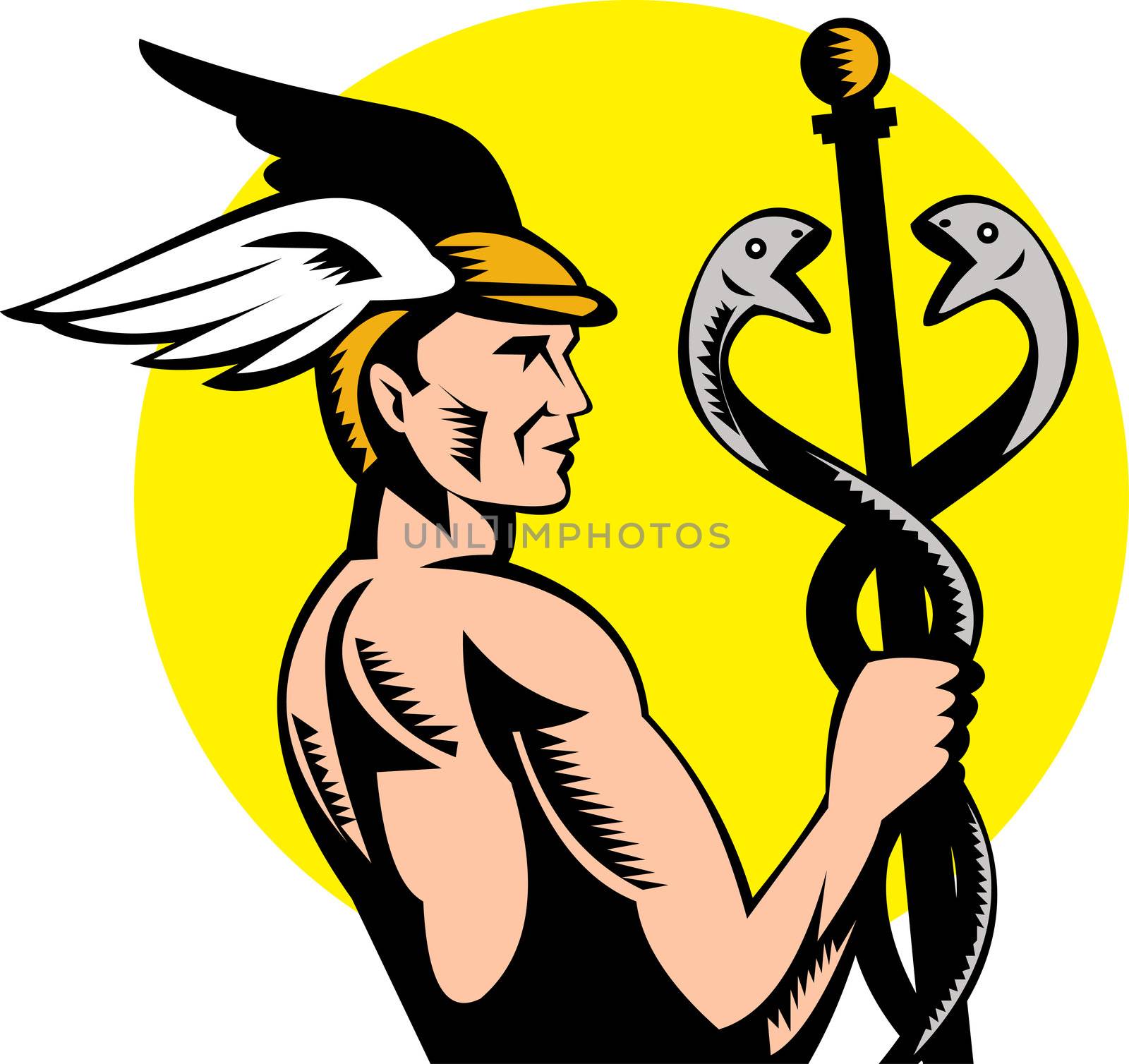 illustration of Roman Greek God Hermes or mercury holding a caduceus