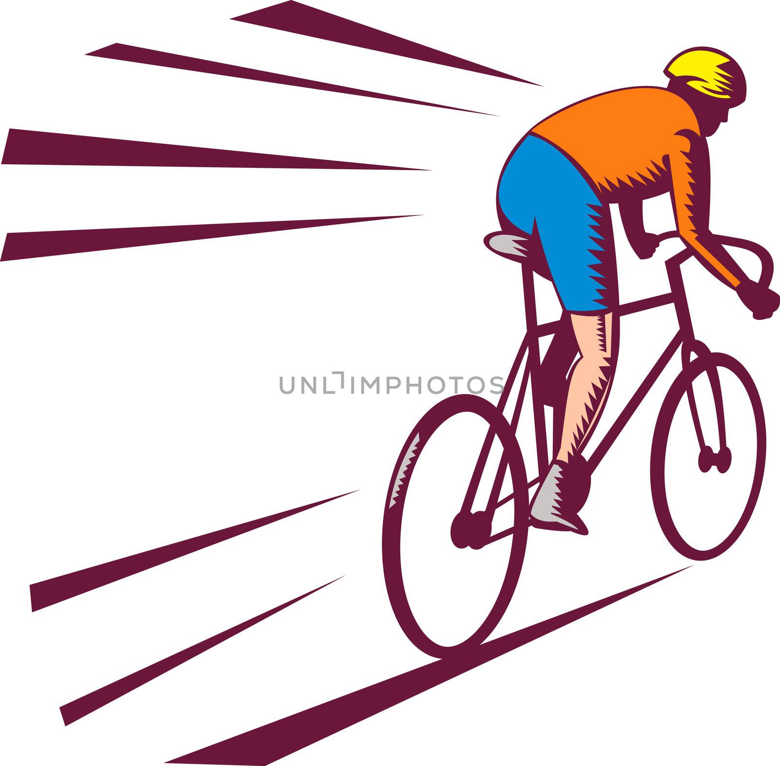 illustration of a Cyclist racing on bicycle viewed from rear done in woodcut style.